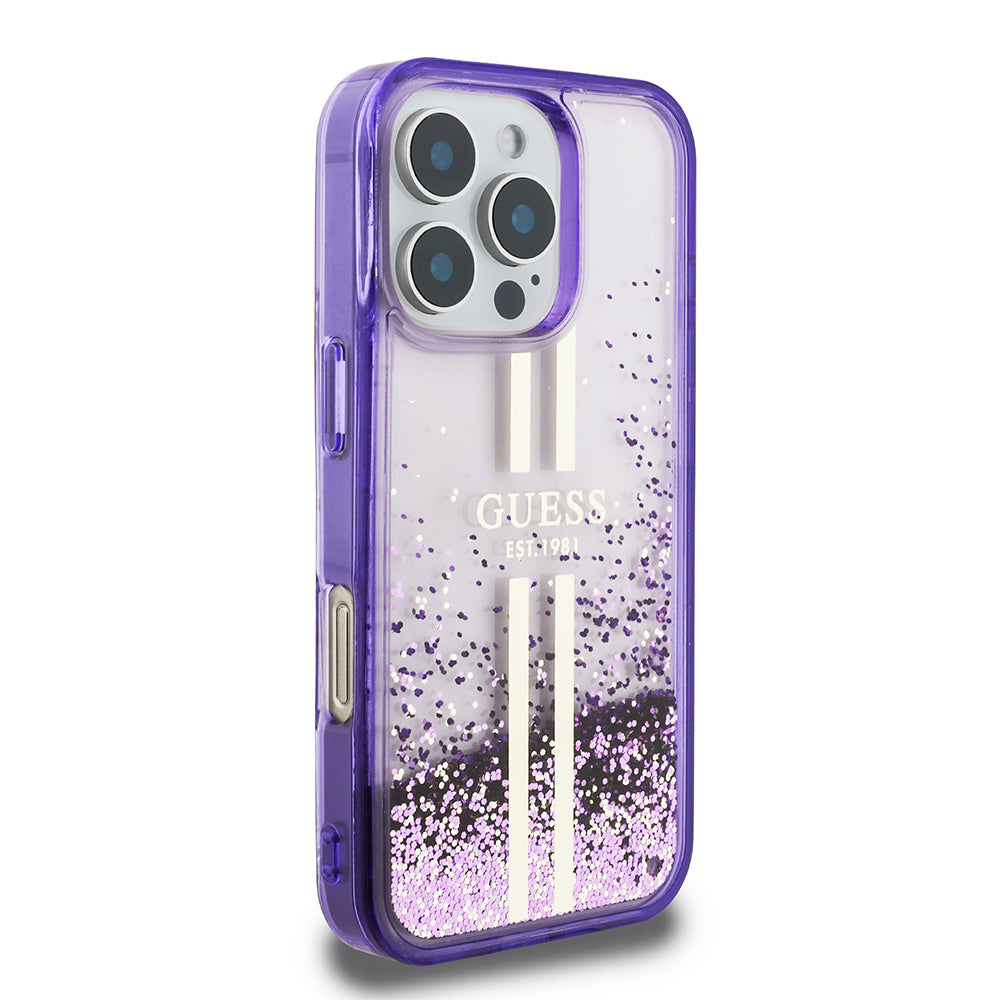 Apple iPhone 16 Pro Kılıf Guess Orjinal Lisanslı Transparan Sıvılı Simli Altın Çizgili Kapak Pembe