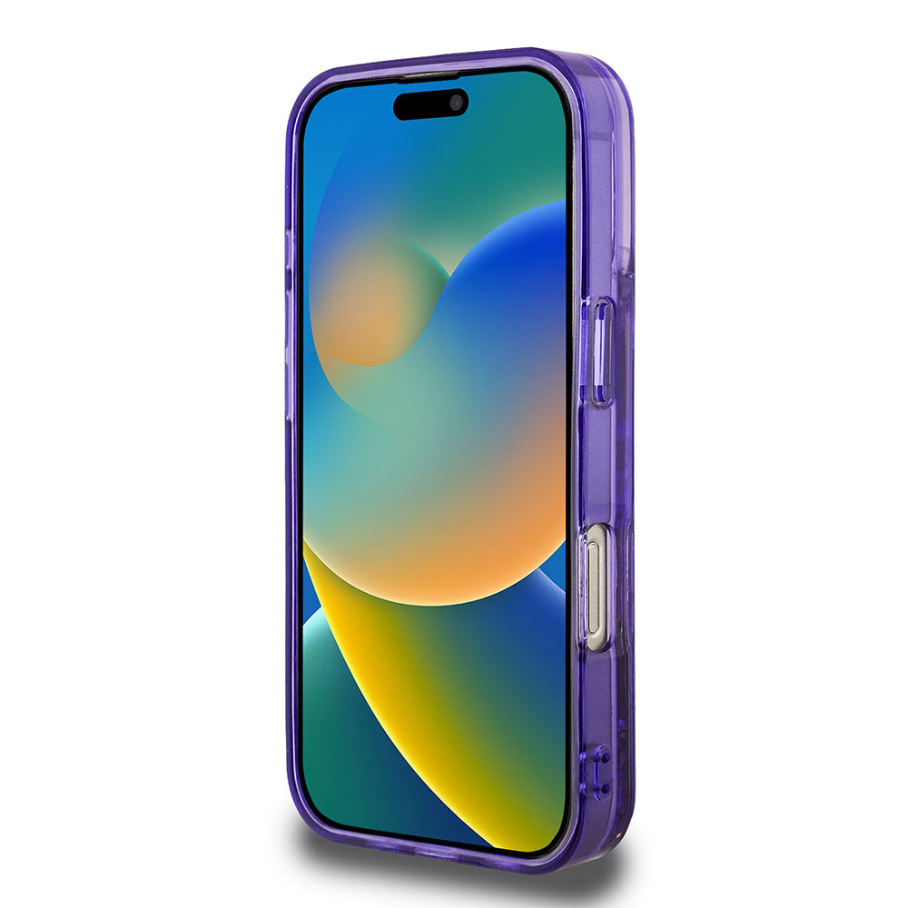 Apple iPhone 16 Pro Kılıf Guess Orjinal Lisanslı Transparan Sıvılı Simli Altın Çizgili Kapak Mor