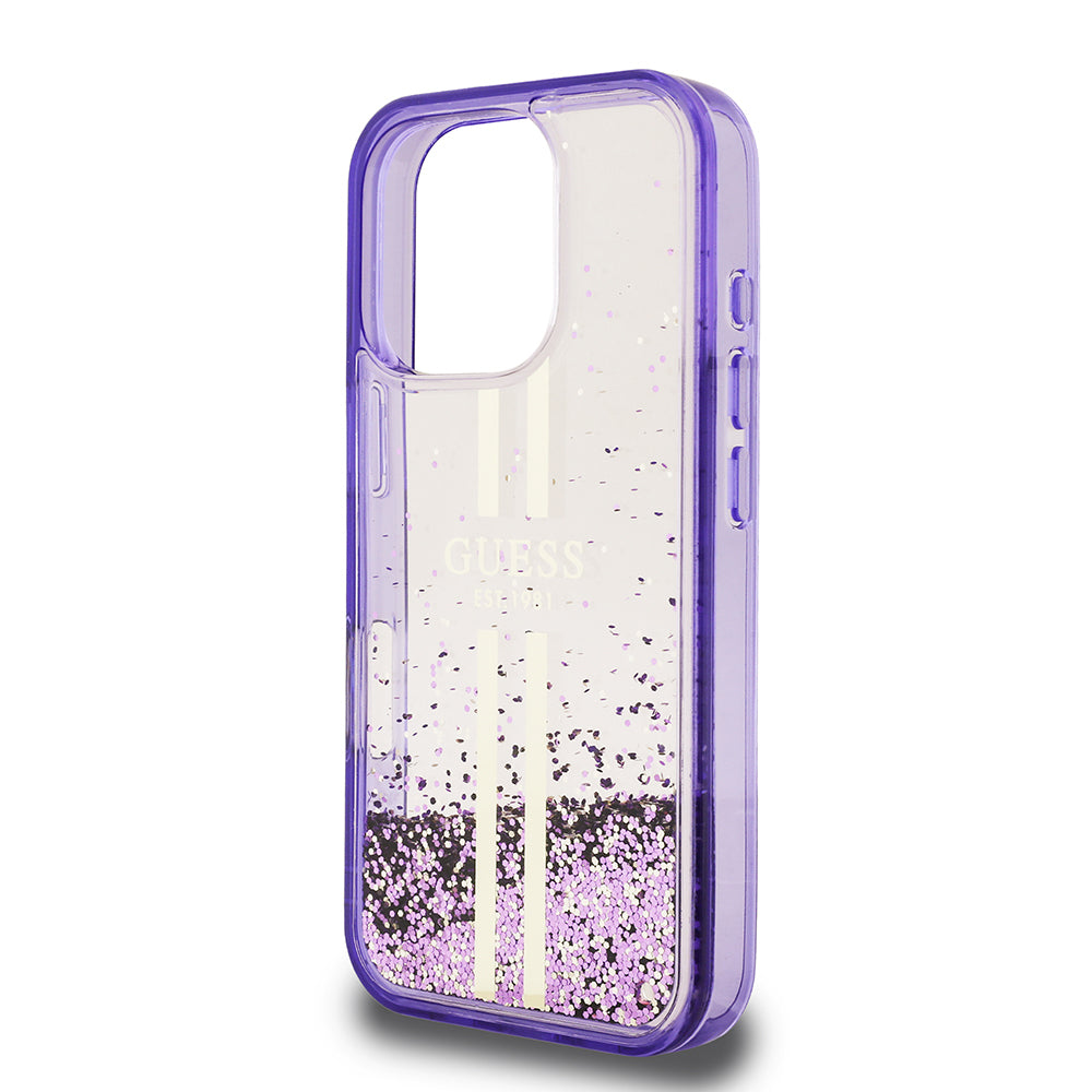 Apple iPhone 16 Pro Kılıf Guess Orjinal Lisanslı Transparan Sıvılı Simli Altın Çizgili Kapak Pembe