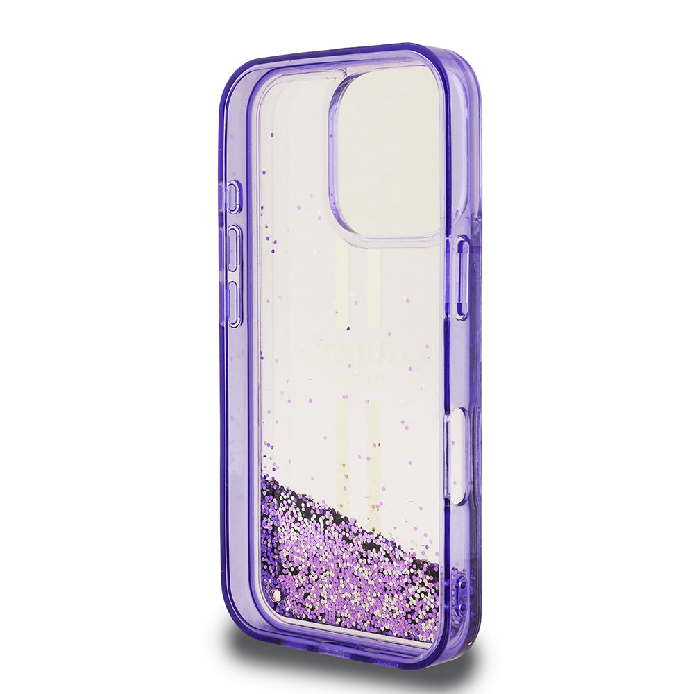 Apple iPhone 16 Pro Kılıf Guess Orjinal Lisanslı Transparan Sıvılı Simli Altın Çizgili Kapak Pembe