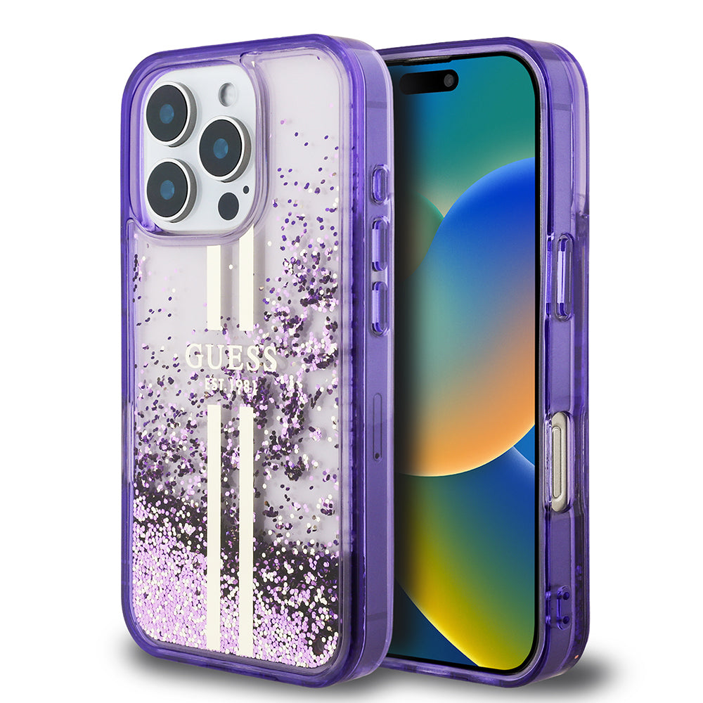 Apple iPhone 16 Pro Kılıf Guess Orjinal Lisanslı Transparan Sıvılı Simli Altın Çizgili Kapak Mor