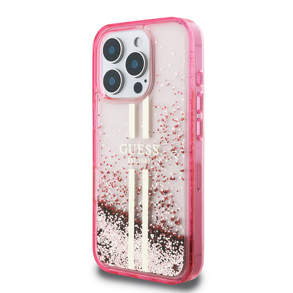 Apple iPhone 16 Pro Kılıf Guess Orjinal Lisanslı Transparan Sıvılı Simli Altın Çizgili Kapak Pembe