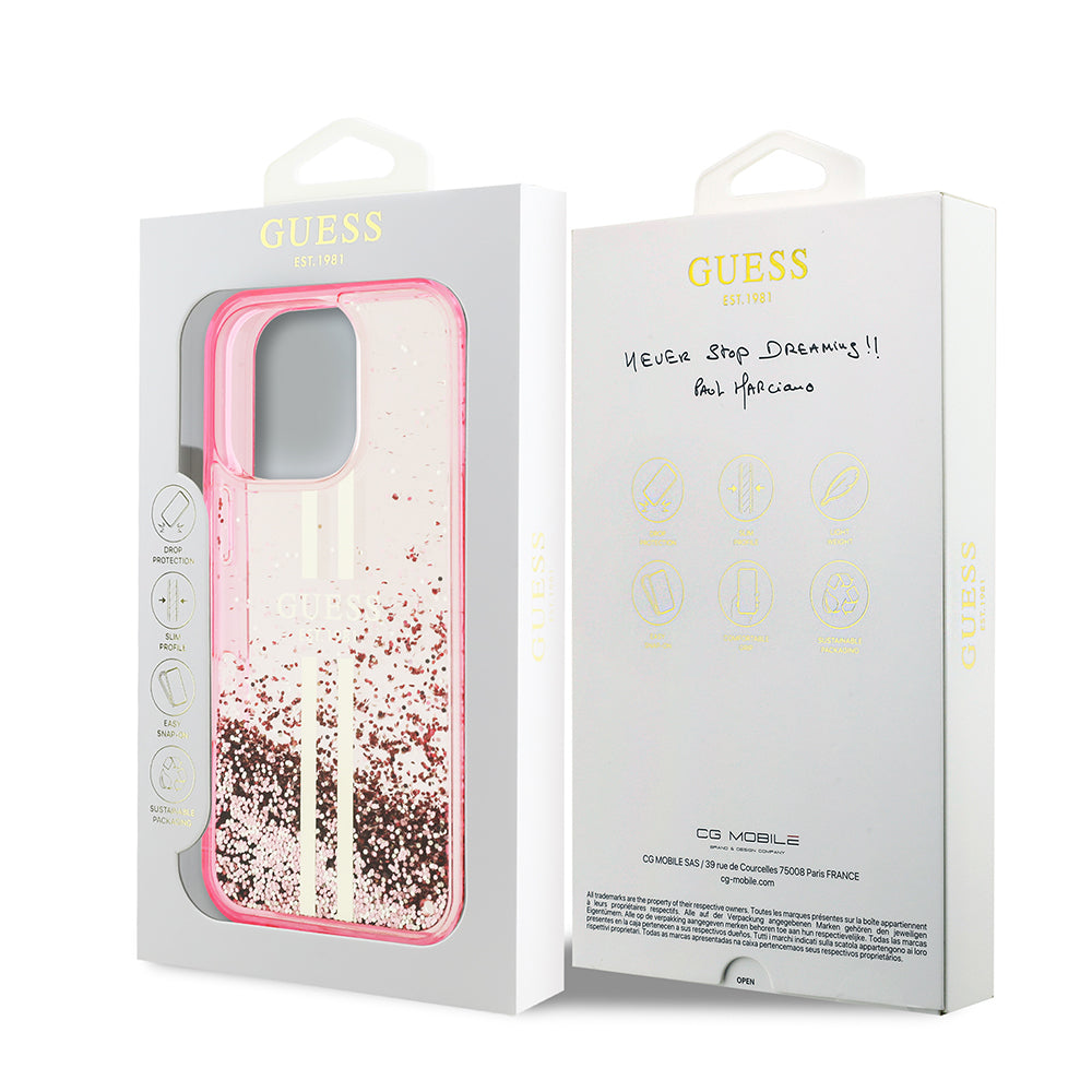Apple iPhone 16 Pro Kılıf Guess Orjinal Lisanslı Transparan Sıvılı Simli Altın Çizgili Kapak Pembe