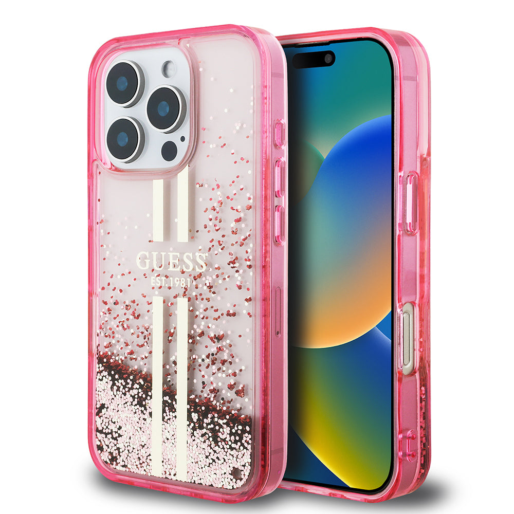 Apple iPhone 16 Pro Kılıf Guess Orjinal Lisanslı Transparan Sıvılı Simli Altın Çizgili Kapak Pembe