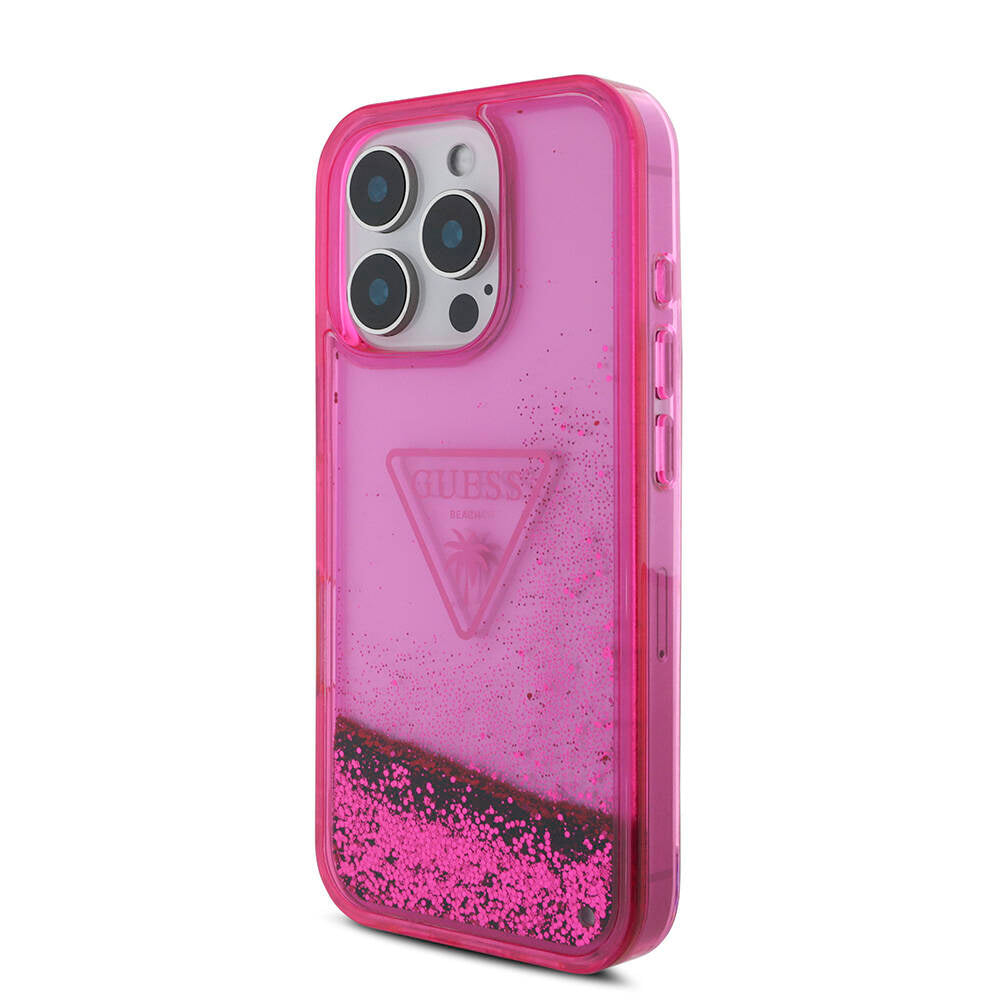 Apple iPhone 16 Pro Kılıf Guess Orjinal Lisanslı Transparan Sıvılı Simli Dizayn Kapak Pembe