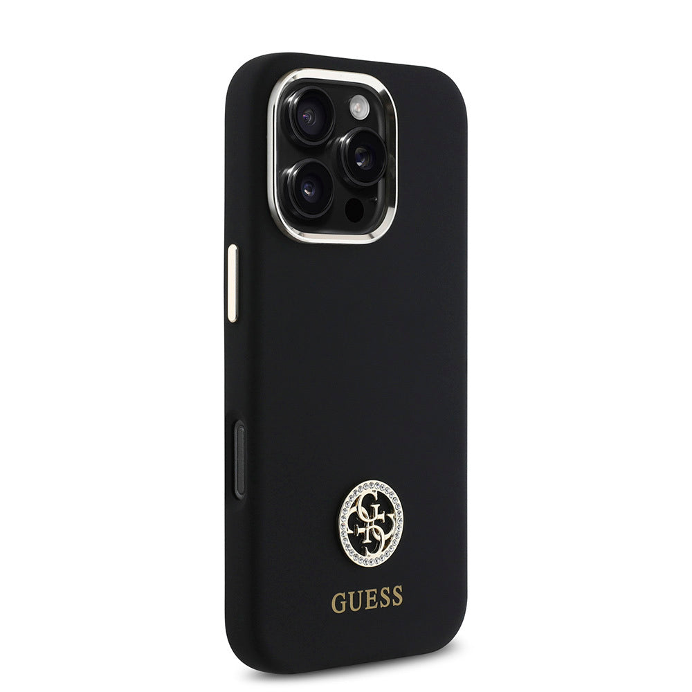 Apple iPhone 16 Pro Kılıf Guess Orjinal Lisanslı Yazı ve Taşlı 4G Logolu Metal Kamera Çerçeveli Silikon Kapak Siyah