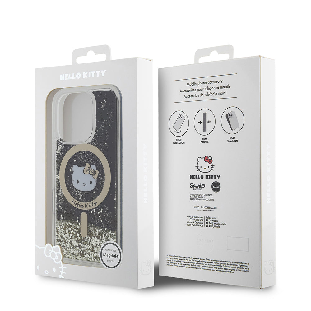 Apple iPhone 16 Pro Kılıf Hello Kitty Orjinal Lisanslı M-safe Şarj Özellikli IML Baskı Kitty Head Logolu Sıvılı Simli Altın Ateşi Kapak Siyah