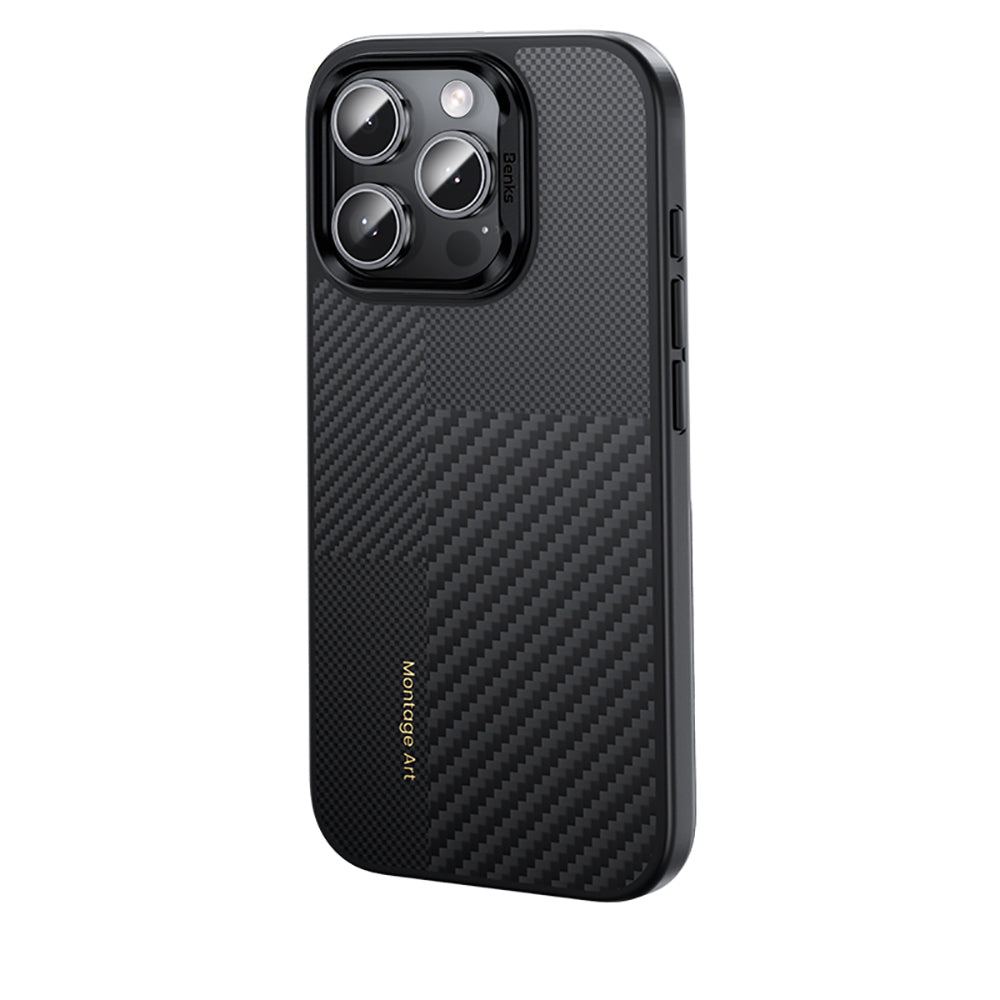 Apple iPhone 16 Pro Kılıf Karbon Fiber M-safe Şarj Özellikli Kamera Kontrol Butonlu Benks Hybrid ArmorPro Montage Kevlar Kapak Siyah