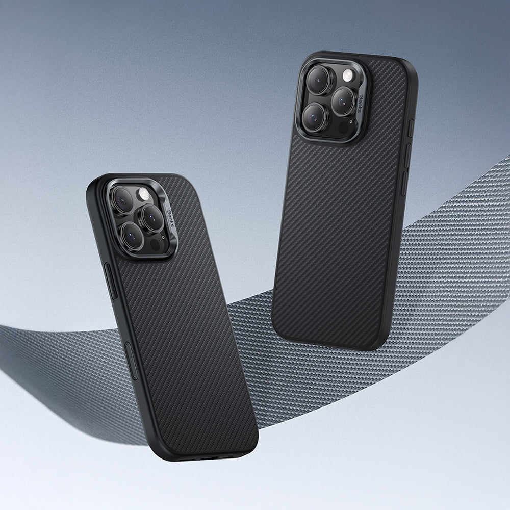 Apple iPhone 16 Pro Kılıf Karbon Fiber M-safe Şarj Özellikli Kamerra Kontrol Butonlu Benks Hybrid ArmorPro 600D Kevlar Kapak Siyah