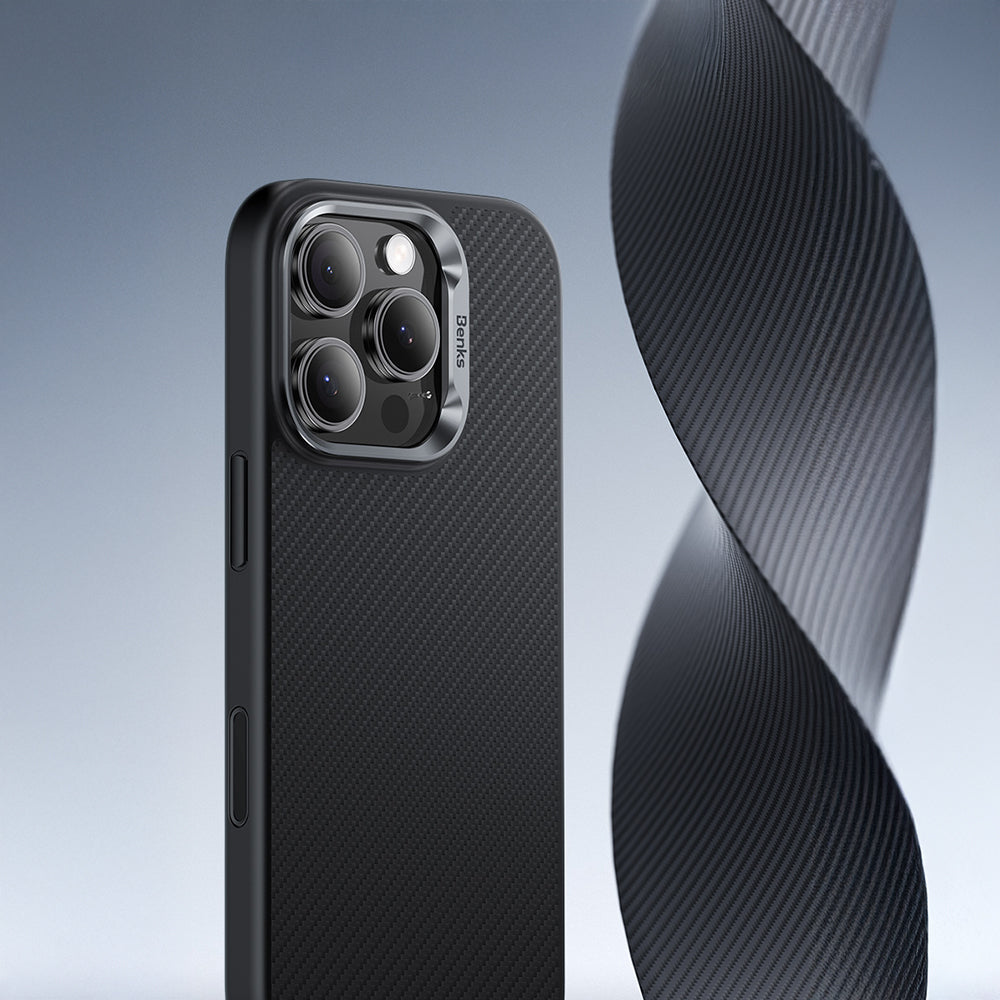 Apple iPhone 16 Pro Kılıf Karbon Fiber M-safe Şarj Özellikli Kamerra Kontrol Butonlu Benks Hybrid ArmorPro 600D Kevlar Kapak Siyah
