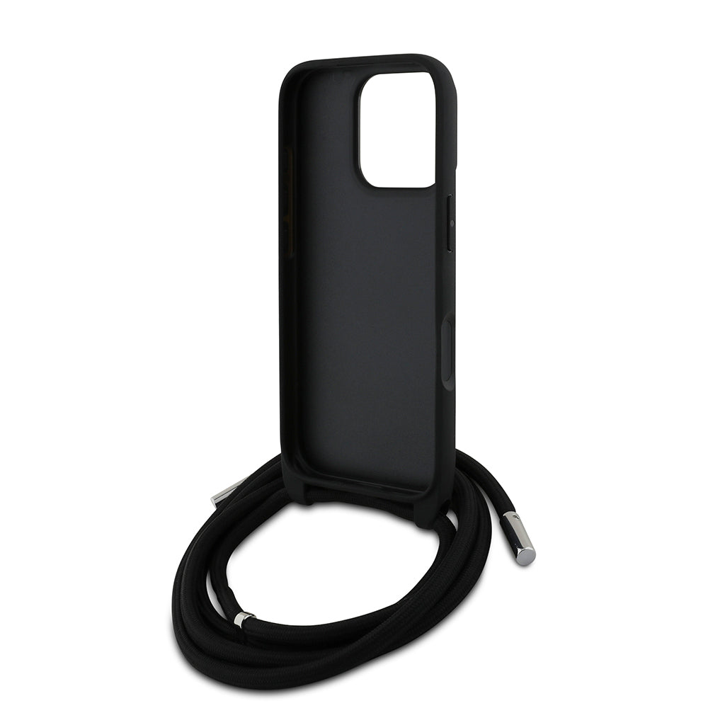 Apple iPhone 16 Pro Kılıf Karl Lagerfeld Orjinal Lisanslı Askı İpli Taşlı KL Yazılı Crossbody Cord Kapak Siyah