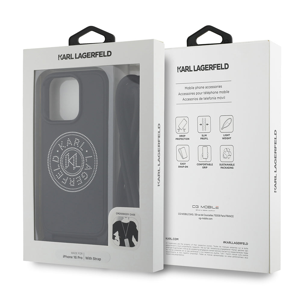 Apple iPhone 16 Pro Kılıf Karl Lagerfeld Orjinal Lisanslı Askı İpli Taşlı KL Yazılı Crossbody Cord Kapak Siyah