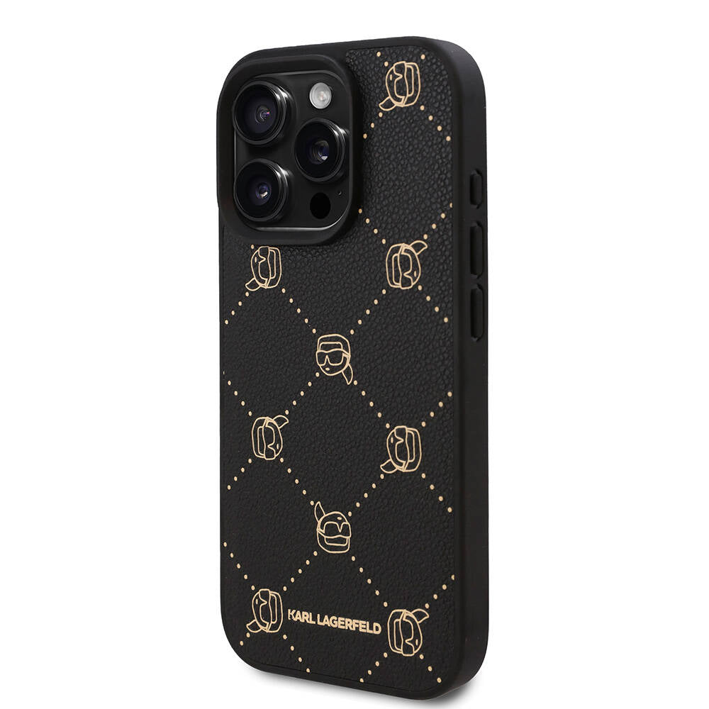 Apple iPhone 16 Pro Kılıf Karl Lagerfeld Orjinal Lisanslı M-safe Şarj Özellikli PU Deri Karl Heads Desenli Klasik Logolu Kapak Siyah