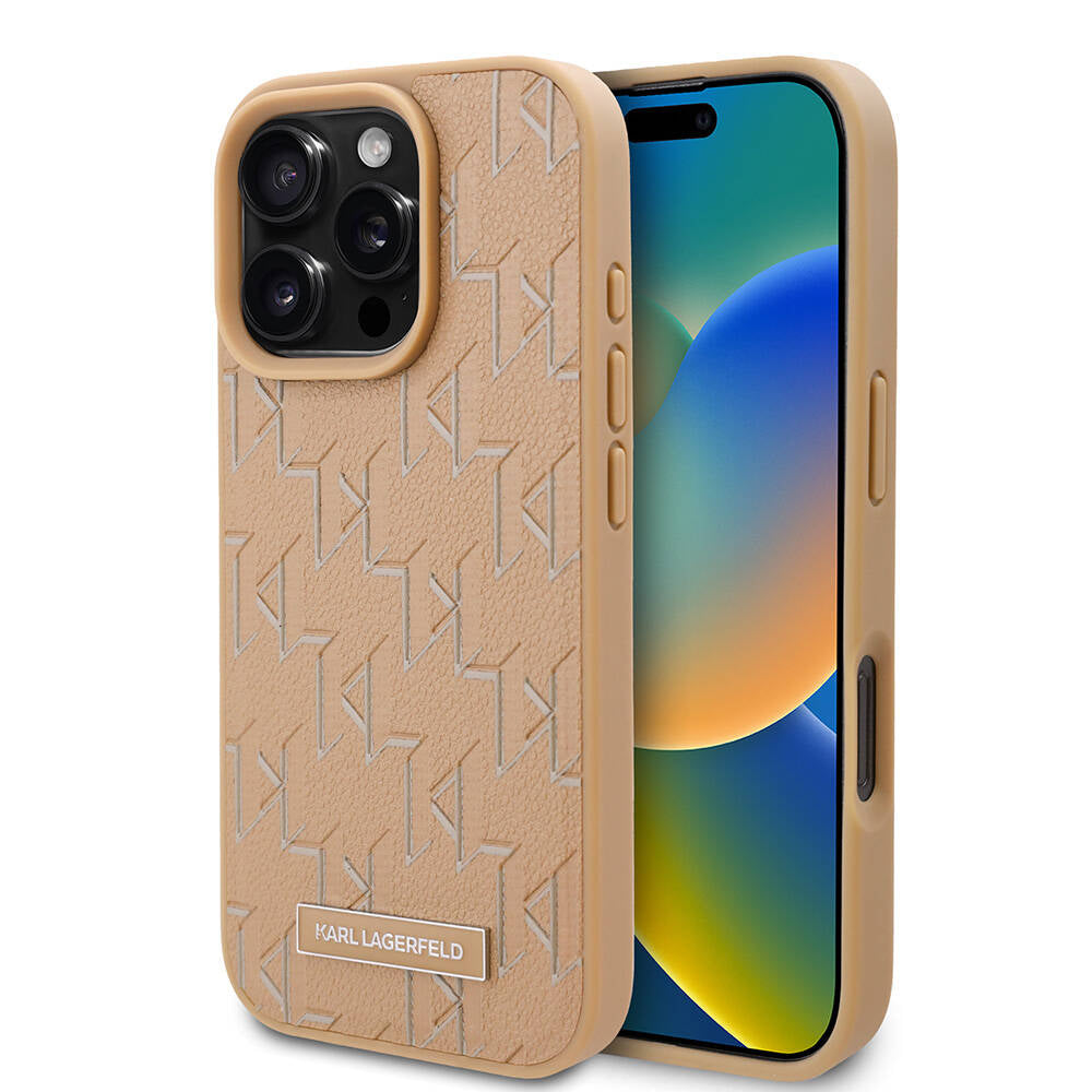 Apple iPhone 16 Pro Kılıf Karl Lagerfeld Orjinal Lisanslı M-safe Şarj Özellikli KL Yazılı Hot Stamp Kapak Krem