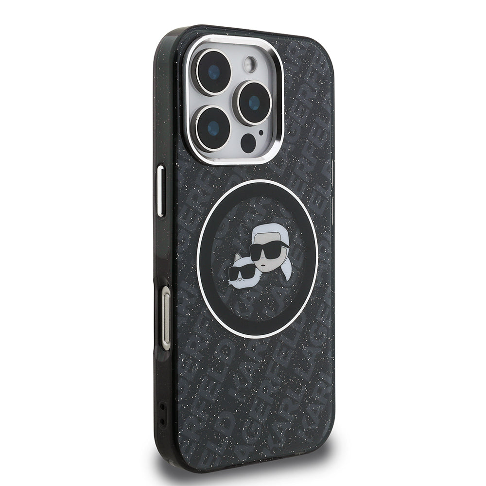 Apple iPhone 16 Pro Kılıf Karl Lagerfeld Orjinal Lisanslı Parlayan Simli Karl & Choupette Heads Kapak Siyah