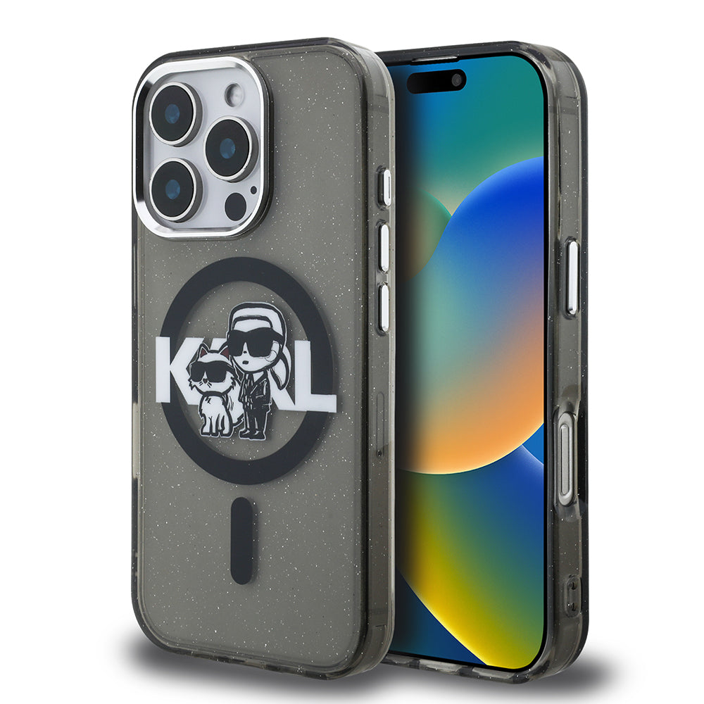 Apple iPhone 16 Pro Kılıf Karl Lagerfeld Orjinal Lisanslı Parlayan Simli Karl & Choupette Sketch Logo Kapak Siyah