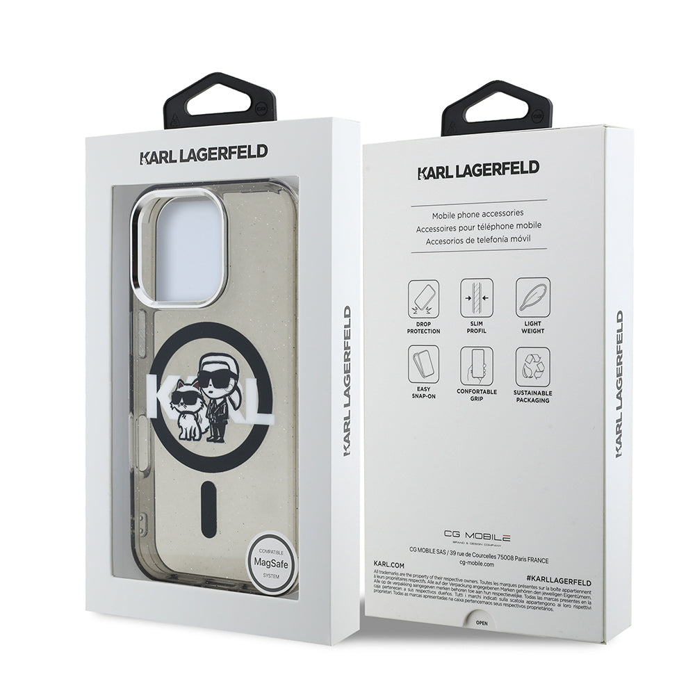 Apple iPhone 16 Pro Kılıf Karl Lagerfeld Orjinal Lisanslı Parlayan Simli Karl & Choupette Sketch Logo Kapak Siyah