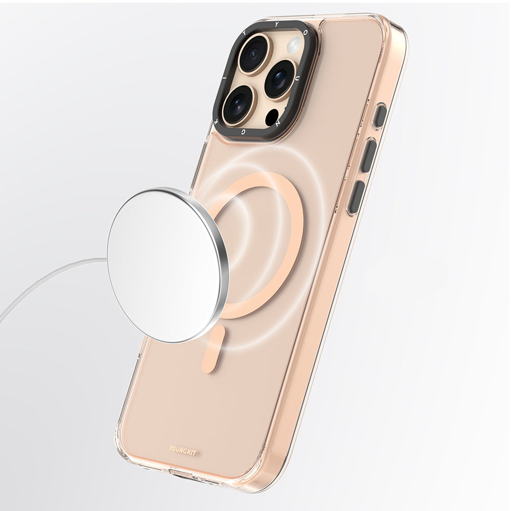 Apple iPhone 16 Pro Kılıf M-safe Şarj Özellikli Cam Arka Yüzey TPU Youngkit Gemstone Clear Serisi Kapak Gold