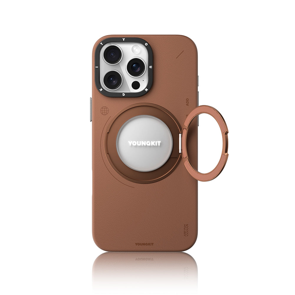 Apple iPhone 16 Pro Kılıf M-safe Şarj Özellikli 360° Standlı Basit Mat Deri Desenli Youngkit Tech Leather Serisi Kapak Kahverengi