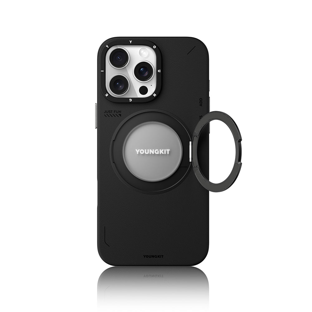 Apple iPhone 16 Pro Kılıf M-safe Şarj Özellikli 360° Standlı Basit Mat Deri Desenli Youngkit Tech Leather Serisi Kapak Siyah