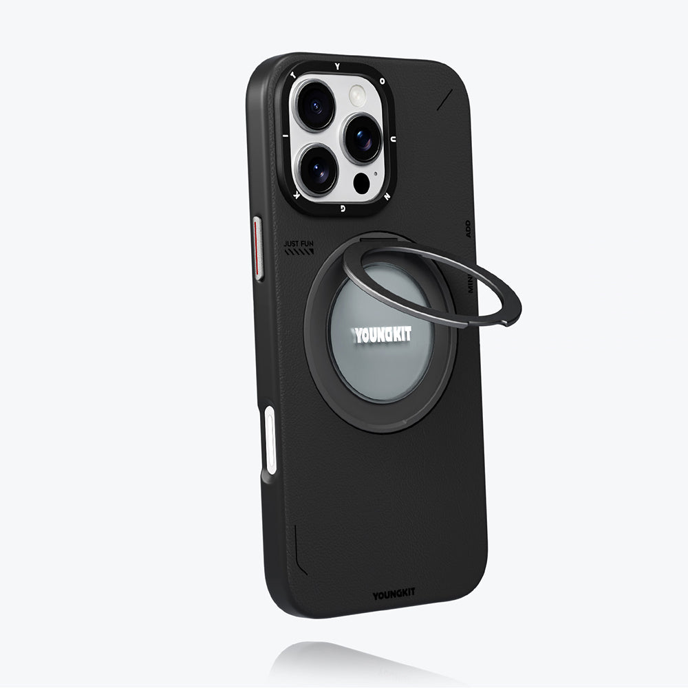 Apple iPhone 16 Pro Kılıf M-safe Şarj Özellikli 360° Standlı Basit Mat Deri Desenli Youngkit Tech Leather Serisi Kapak Kahverengi