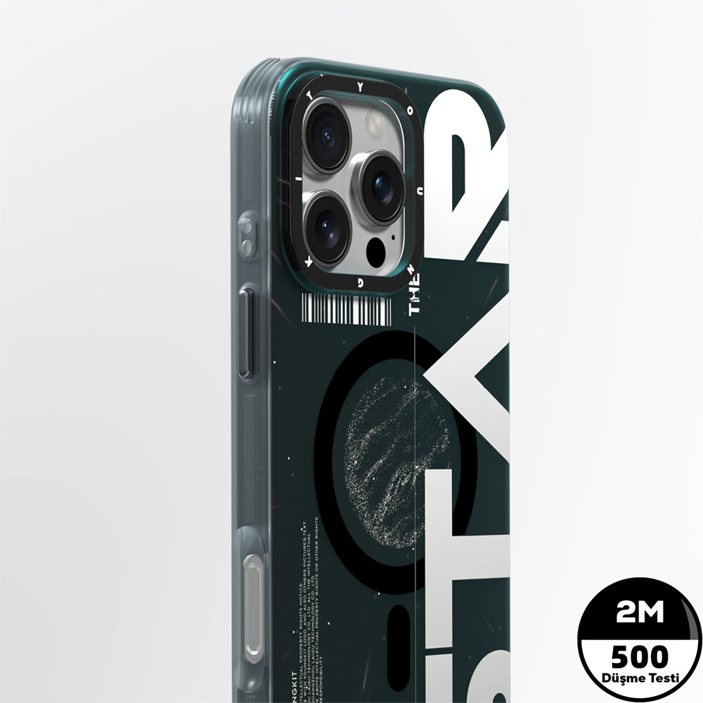 Apple iPhone 16 Pro Kılıf M-safe Şarj Özellikli Airbagli Hologram Tasarımlı Youngkit Interstellar Serisi Kapak Siyah-Beyaz