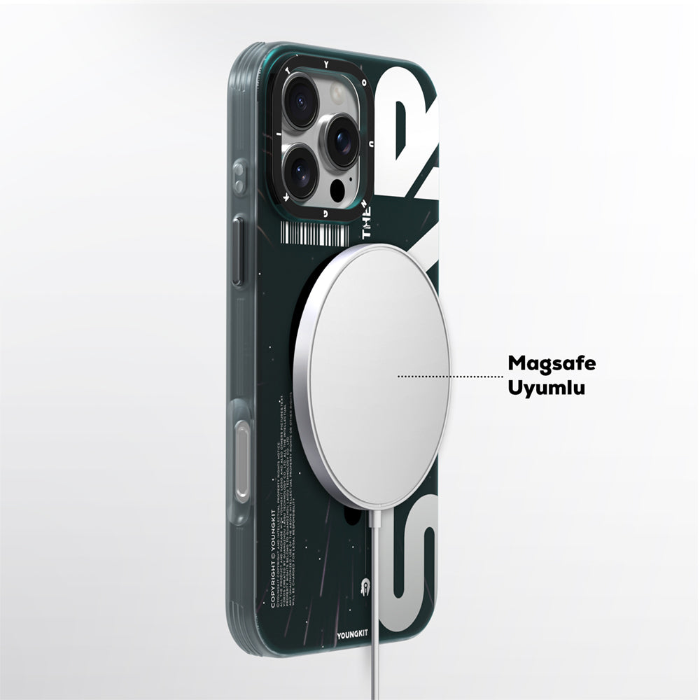 Apple iPhone 16 Pro Kılıf M-safe Şarj Özellikli Airbagli Hologram Tasarımlı Youngkit Interstellar Serisi Kapak Siyah-Turuncu