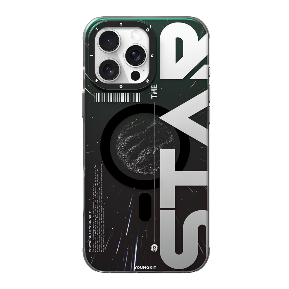 Apple iPhone 16 Pro Kılıf M-safe Şarj Özellikli Airbagli Hologram Tasarımlı Youngkit Interstellar Serisi Kapak Siyah-Turuncu