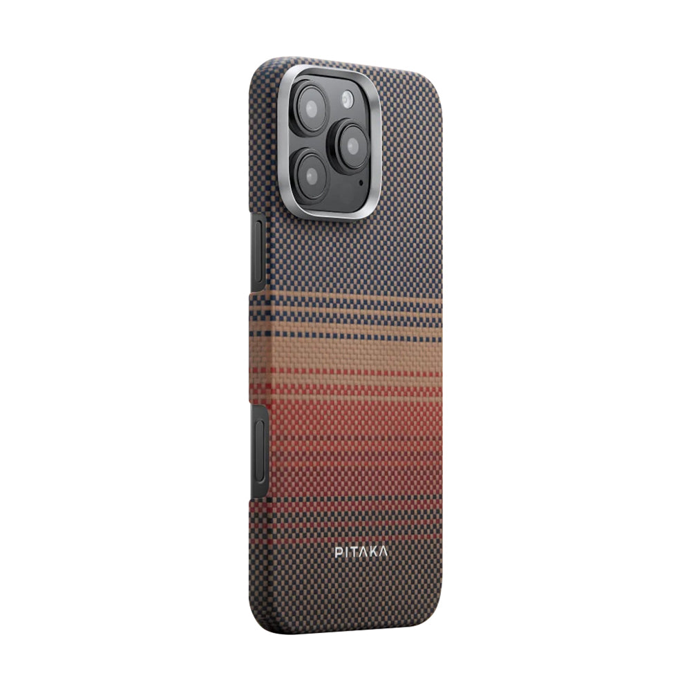 Apple iPhone 16 Pro Kılıf M-safe Şarj Özellikli Aramid Fiber Pitaka Tactile Woven Sunset-Moonrise Serisi Sunset Kapak Kahverengi