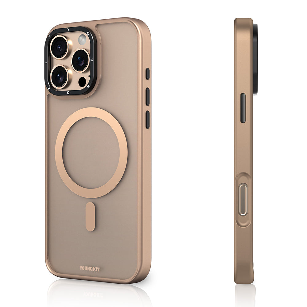Apple iPhone 16 Pro Kılıf M-safe Şarj Özellikli Cam Arka Yüzey TPU Youngkit Gemstone Serisi Kapak Gold