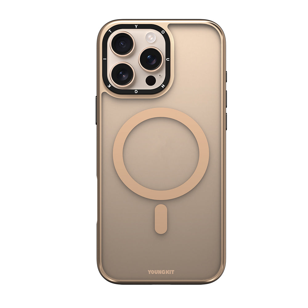 Apple iPhone 16 Pro Kılıf M-safe Şarj Özellikli Cam Arka Yüzey TPU Youngkit Gemstone Serisi Kapak Gold