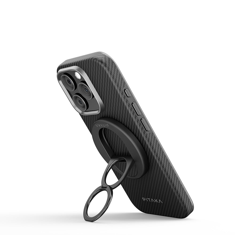 Apple iPhone 16 Pro Kılıf M-safe Şarj Özellikli Grip 3 Standlı Aramid Fiber Pitaka Military Grade Classic Serisi Black-Grey Twill Kapak Siyah-Gri