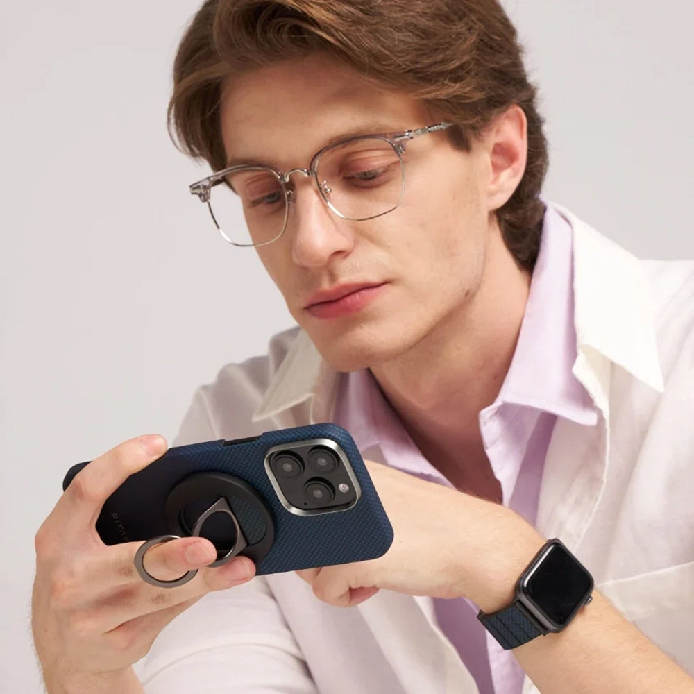 Apple iPhone 16 Pro Kılıf M-safe Şarj Özellikli Grip 3 Standlı Aramid Fiber Pitaka Tactile Woven Sunset-Moonrise Serisi Moonrise Kapak Mavi