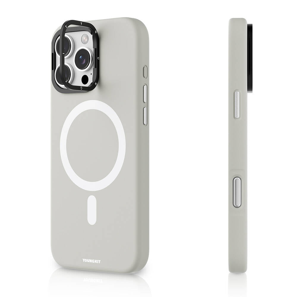 Apple iPhone 16 Pro Kılıf M-safe Şarj Özellikli Kamera Standlı Youngkit Bitty Cream Kapak Gri