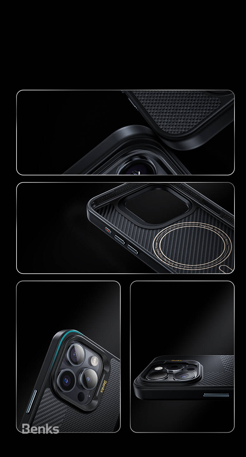 Apple iPhone 16 Pro Kılıf M-safe Şarj Özellikli Karbon Fiber Benks Montage Hybrid ArmorPro Kevlar Kapak Siyah