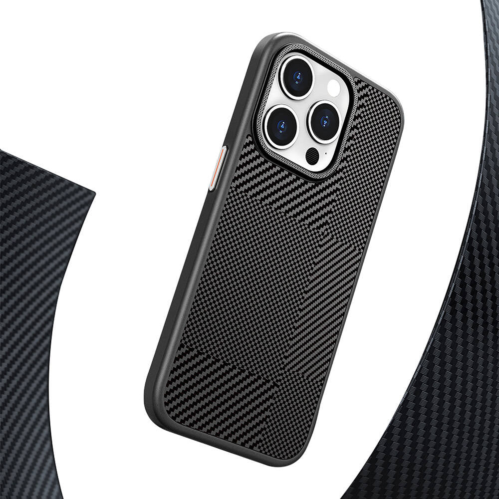 Apple iPhone 16 Pro Kılıf M-safe Şarj Özellikli Karbon Fiber Desenli Mutural Montage Kapak Kahverengi