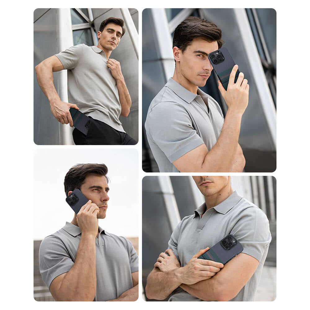 Apple iPhone 16 Pro Kılıf M-safe Şarj Özellikli Karbon Fiber Tasarımlı Benks Aurora ArmorPro Kevlar Kapak Siyah