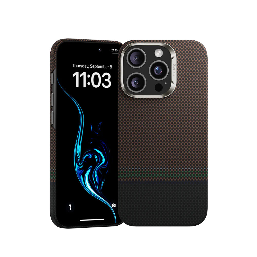 Apple iPhone 16 Pro Kılıf M-safe Şarj Özellikli Karbon Fiber Tasarımlı Benks Prestige ArmorAir Kevlar Kapak Gold