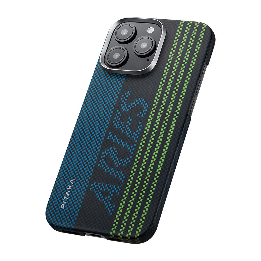 Apple iPhone 16 Pro Kılıf M-safe Şarj Özellikli Lumintex Teknolojili Fosforlu Aramid Fiber Pitaka Tactile Woven Aries Serisi Credit Card Kapak Yeşil-Mavi