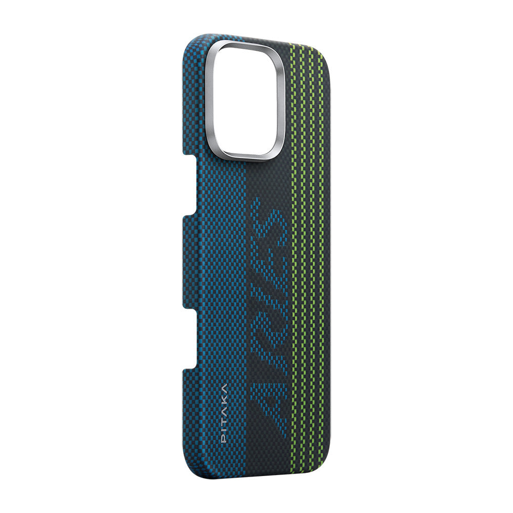Apple iPhone 16 Pro Kılıf M-safe Şarj Özellikli Lumintex Teknolojili Fosforlu Aramid Fiber Pitaka Tactile Woven Aries Serisi Credit Card Kapak Yeşil-Mavi