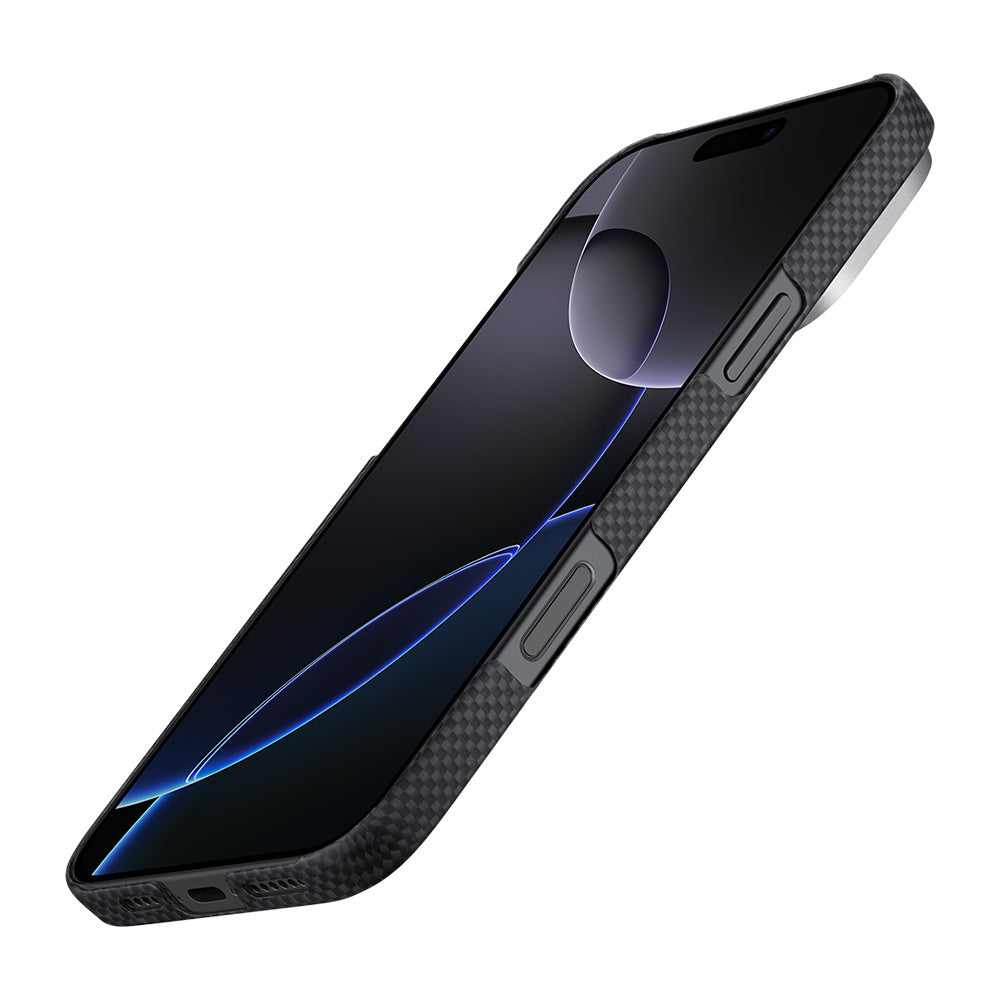 Apple iPhone 16 Pro Kılıf M-safe Şarj Özellikli Lumintex Teknolojili Fosforlu Aramid Fiber Pitaka Tactile Woven Aries Serisi NoProblemo Kapak Siyah