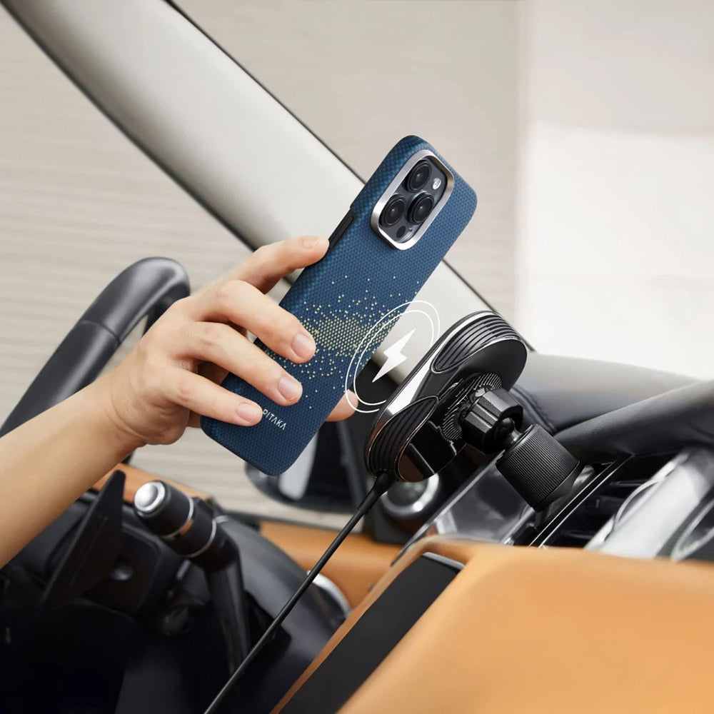 Apple iPhone 16 Pro Kılıf M-safe Şarj Özellikli Lumintex Teknolojili Fosforlu Özellikli Aramid Fiber Pitaka Tactile Woven Starpeak Serisi Milky Way Galaxy Kapak Mavi