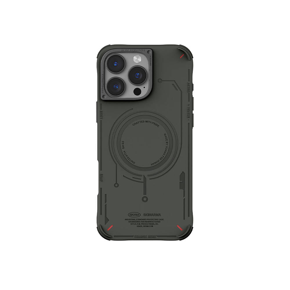 Apple iPhone 16 Pro Kılıf M-safe Şarj Özellikli Metal Kamera Çerçeveli Skinarma Mecha Serisi Kapak Açık Gri