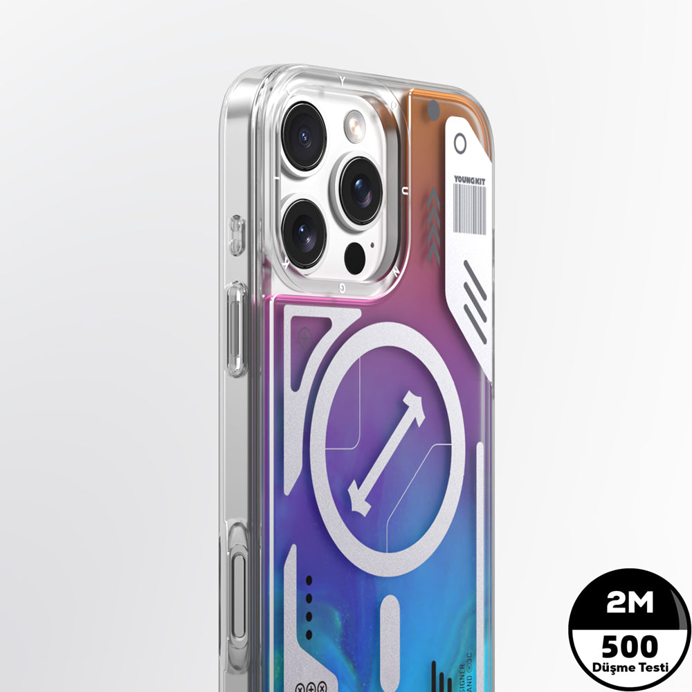 Apple iPhone 16 Pro Kılıf M-safe Şarj Özellikli Parlak Kumlu Sıvılı Tasarımlı Galaxy Fantasy Serisi Kapak Mavi