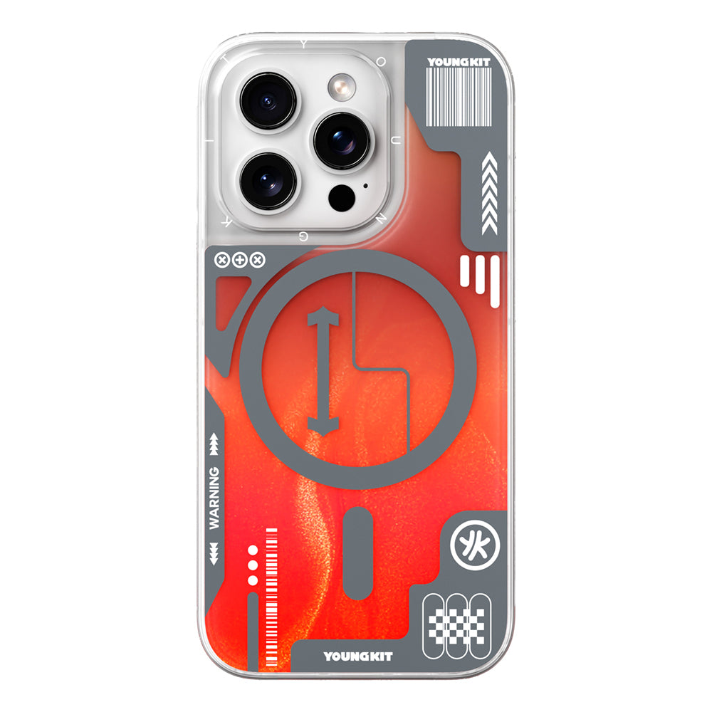 Apple iPhone 16 Pro Kılıf M-safe Şarj Özellikli Parlak Kumlu Sıvılı Tasarımlı Galaxy Fantasy Serisi Kapak Turuncu