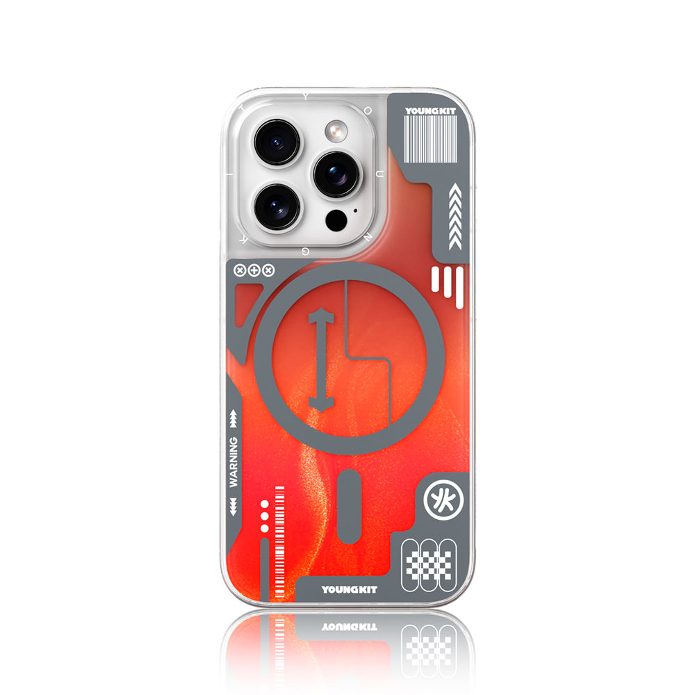 Apple iPhone 16 Pro Kılıf M-safe Şarj Özellikli Parlak Kumlu Sıvılı Tasarımlı Galaxy Fantasy Serisi Kapak Turuncu