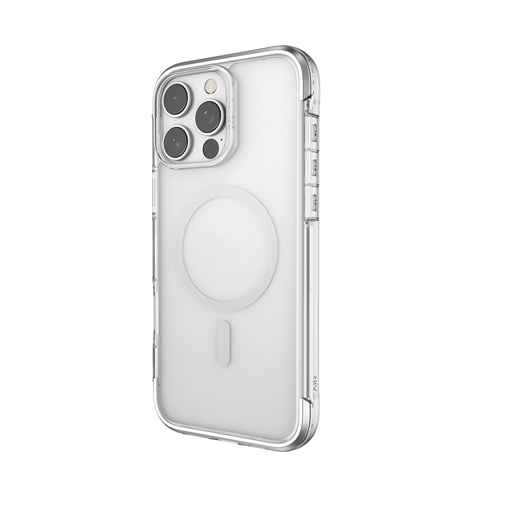 Apple iPhone 16 Pro Kılıf M-safe Şarj Özellikli Raptic Air Serisi Airbag Tasarımlı Metal Köşelikli Şeffaf Kapak Gümüş