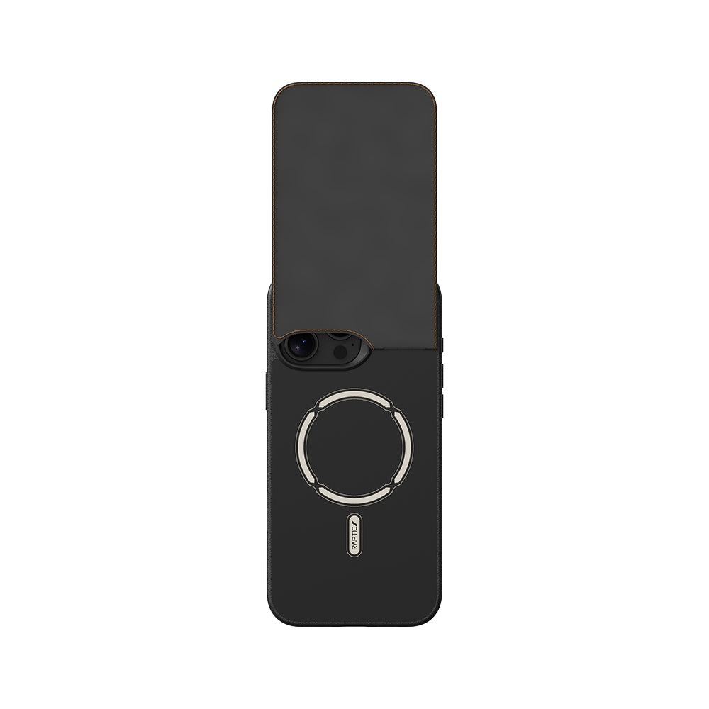 Apple iPhone 16 Pro Kılıf M-safe Şarj Özellikli Raptic Slim Wallet Serisi Deri Görünümlü Kartlıklı Standlı Kapak Siyah