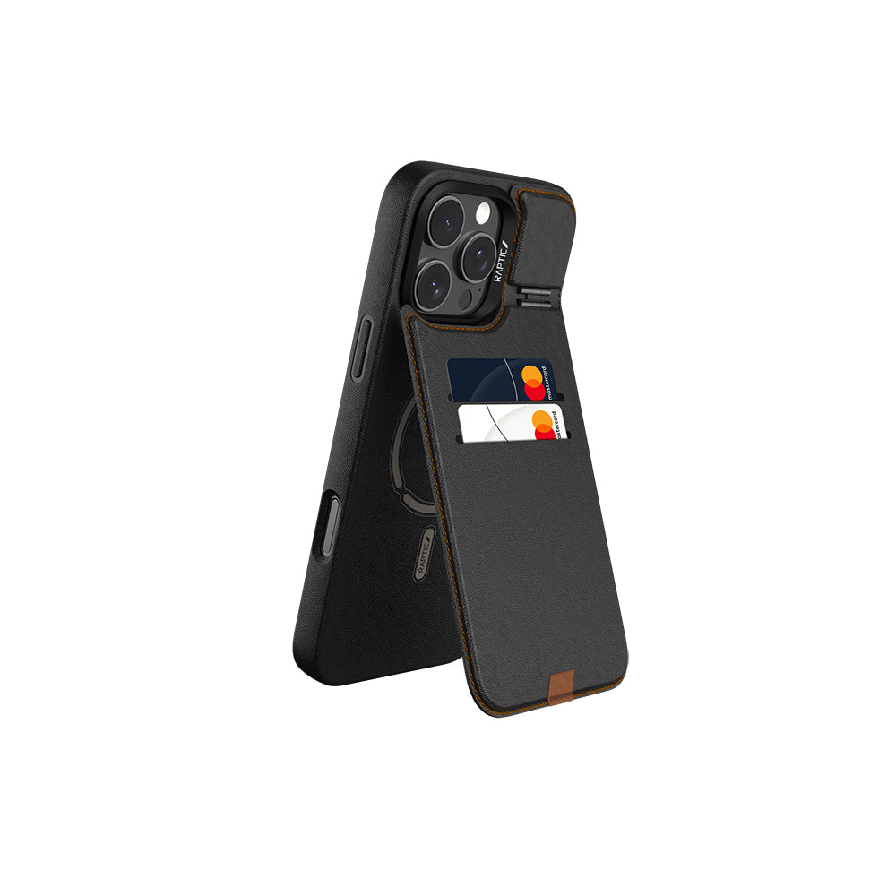 Apple iPhone 16 Pro Kılıf M-safe Şarj Özellikli Raptic Slim Wallet Serisi Deri Görünümlü Kartlıklı Standlı Kapak Siyah