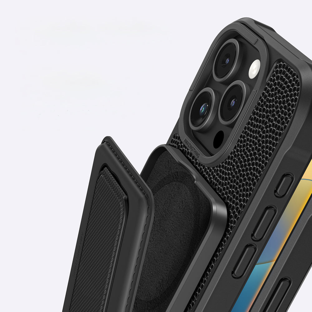 Apple iPhone 16 Pro Kılıf M-safe Şarj Özellikli Standlı Kartlıklı Set Amazingthing Glamour Luxe Serisi Kapak Siyah